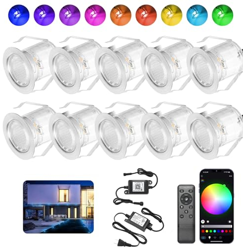 INDARUN 10er Set RGB WiFi LED Bodeneinbauleuchten Aussen Ø30mm Terrasse Einbaustrahler IP67 Wasserdicht Boden Licht Led Terrassenbeleuchtung für Küche Garten Treppen
