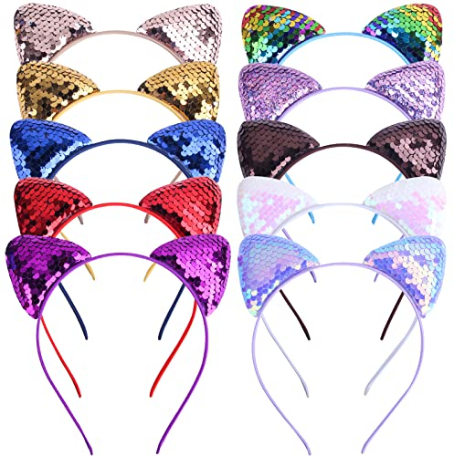 ZOCONE Lot de 10 serre-têtes avec oreilles de chat à paillettes - Serre-tête avec oreilles de chat - Pour femmes et filles - Décoration quotidienne