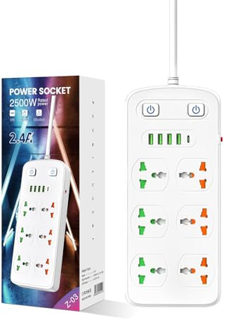Universal Power Strip with USB and Type C Port, Surge Protector with 6 Universal Oulets and 4 USB, 110-250V, 6.5ft Extension Lead 2500W for European Travel, Home Office