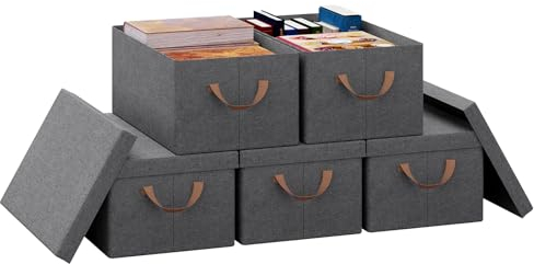 WOLTU Collapsible Storage Boxes Set of 5, Non-Woven Fabric Storage Boxes with Removable Lid, Handles, Metal Frame, 27L, Grey, 48x29x20cm, ABB02gbn-5-UK