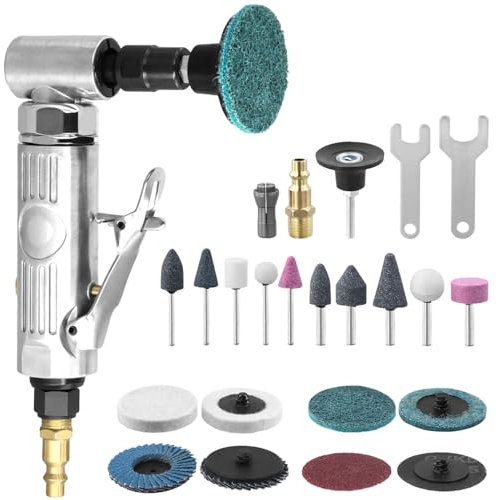 QWORK® Kit de amoladora angular neumática de 1/4, juego de herramientas para lijadora y pulidora de ángulo recto, con piedras de afilar y discos de lijado