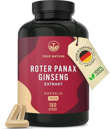 Roter Panax Ginseng | 600 mg (20% Ginsenoside) - 180 Ginseng Kapseln - Vegan & ohne unerwünschte Zusätze - Laktose- & glutenfrei - TRUE NATURE