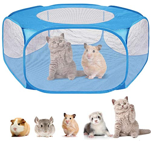 Zjyufy Small Animal Playpen, Foldable Pop up Pet Playpen Cage Tent Waterproof Outdoor Indoor Hamster Playpen with Top Cover, Portable Yard Fence Play Pen Breathable for Rabbit Ferret Guinea Pig