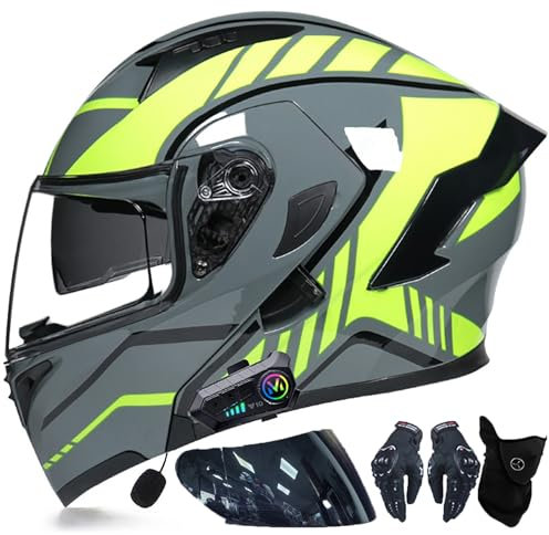 Bluetooth Motorradhelm mit Doppelvisier, Motorrad Herren Damen Modularhelm Klapphelm mit Dual-Lautsprecher-Headset Automatische Anrufannahme, Integralhelm Fahrradhelm ECE-geprüft