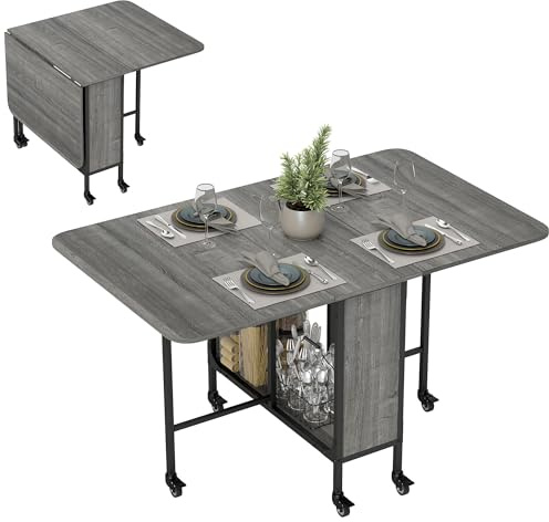 HOMCOM Tavolo da Pranzo Pieghevole a Ribalta per 4-6 Persone, Salvaspazio Moderno con Ripiano e 6 Ruote, in Metallo, 130x80x74 cm, Grigio