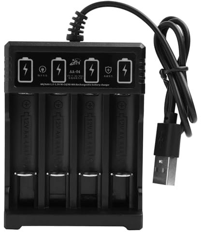 Cargador Rápido de Pilas Recargables, Cargador de Pilas Ni-MH Ni-CD Universal de Ranuras y Juego de Pilas AAA de 1,2 V, USB Carga Rápida, Negro