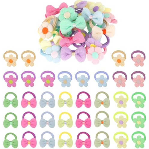 Risipu Juego de 36 gomas para el pelo de bebé, no dañan el pelo, suaves y elásticas, con 18 lazos y 18 flores para niñas de 1 a 8 años, accesorios para el cabello para niñas de 1 a 8 años, idea de