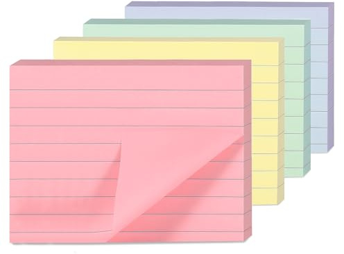 4 dynor pastell (rektangulära) fodrade klisterlappar | 127 x 76 mm (5 tum x 3 tum) | pastellfärger gul, rosa, grön, blåfodrad/linjerad | självhäftande memo-dynor för kontor, skola och möte