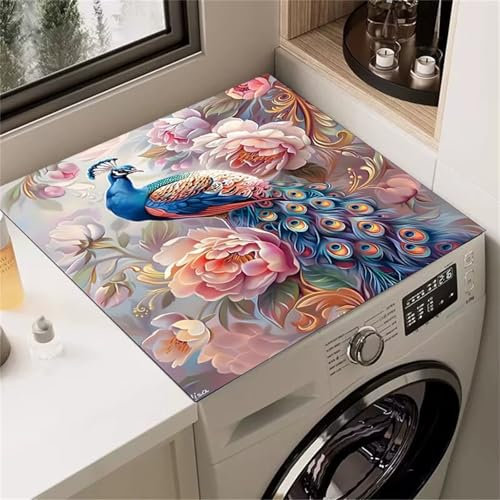 Highdi Imprimé Paon 3D Housse de Protection pour Machine à Laver Top,Coussin de Machine à Laver Antidérapant Housse de Machine à Laver pour Machine à Laver Ou Sèche-Linge (Fleurs,60x60cm)