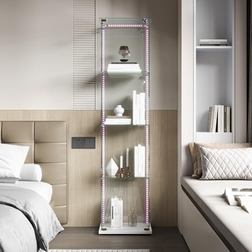 Vetrina in Vetro con LED, Armadio in Vetro da Esposizione con 1 Ante 4 Ripiani Vetrinetta con Serratura Vetrinetta per Collezionismo Vetrina Soggiorno Moderna per Bar (Bianco, striscia luminosa)