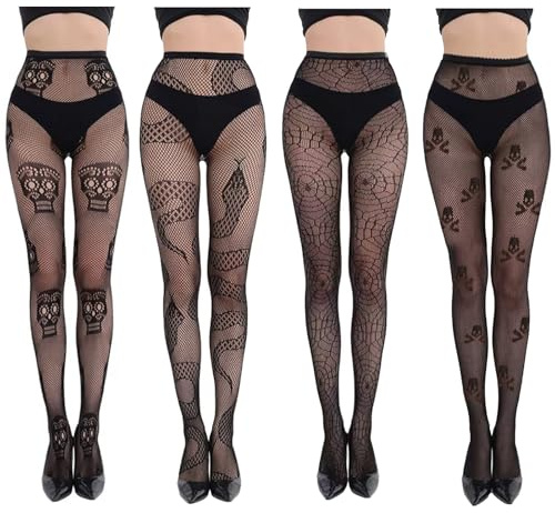 DASHUAIGE 4 PCS Women Patterned Fishnets Tights, Printed Stockings, Halloween Themed Mesh Stocks, Fashionable High-waisted Pantyhose