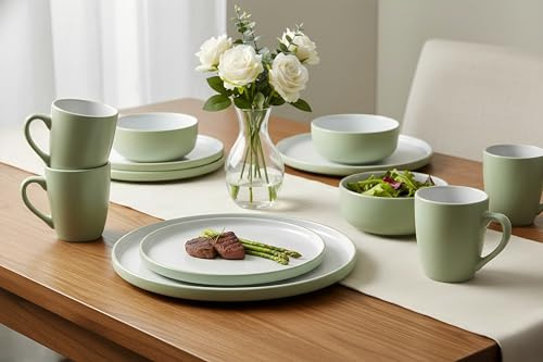 Waterside 16pc Green & White Coupe Stoneware Dinner Set; 4 Dinner Plates, Side Plates, Deep Bowls & Mugs - Dishwasher & Microwave Safe