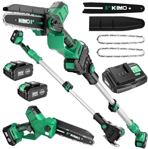 KIMO 2-IN-1 Electric Pole Saws for Tree Trimming, 8 Mini Chainsaw Cordless, 16FT Max Reach Extension Pole, 2×4.0Ah Batteries,Fast Charger, Brushless Pole Chain Saw for Tree Trimmer Limb Branch Cutter