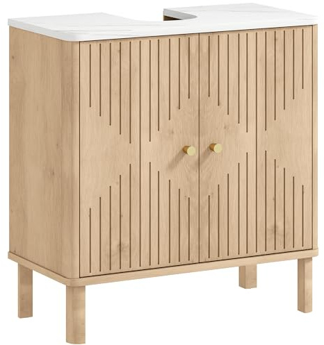 HOMCOM Under Sink Bathroom Cabinet, Freestanding Under Sink Cabinet with Adjustable Shelf and Marble-Effect Top for Basin without or with Pedestal, Oak