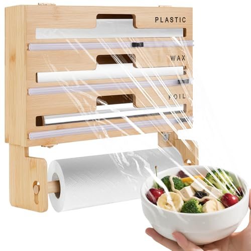 Bamboo Cling Film Dispenser and Cutter, 5-in-1 Cling Film & Tin Foil Dispenser with Kitchen Roll Holder - 33.5cm Organiser Storage Cutter