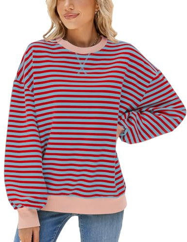 Randiga tröjor för kvinnor, överdimensionerade rund hals, långärmade skjortor, Y2K pullover, topp 2025 höstkläder, modekläder, mörkröd, L