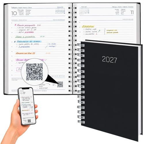 DEUSTO Agenda 2027 Pagina por Dia | Dietario Anual 14,5 x 20,5 cm Enero-Diciembre | Agenda con OrganaizED+, Espiral y Ángulo perforado, Agenda de Trabajo Oficina Estudiantes, Negro