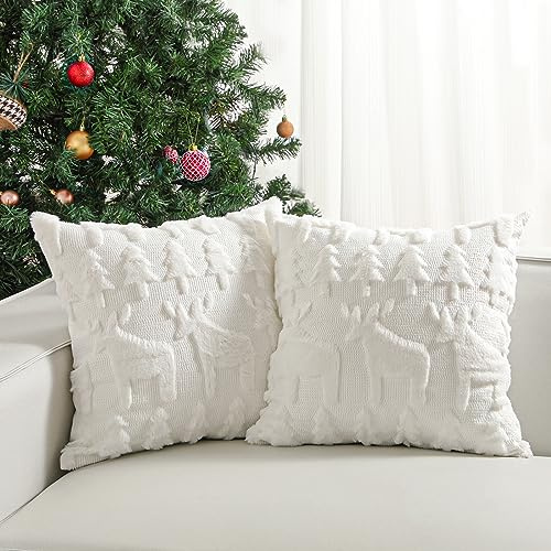 Lewondr Christmas Throw Pillow Cover, 3D Tree Reindeer, White, 18x18, 2Pack | Super Soft Faux Fur, Velvet on The Back, Square Throw Pillowcase, For Living Room Bed Sofa Home Decor