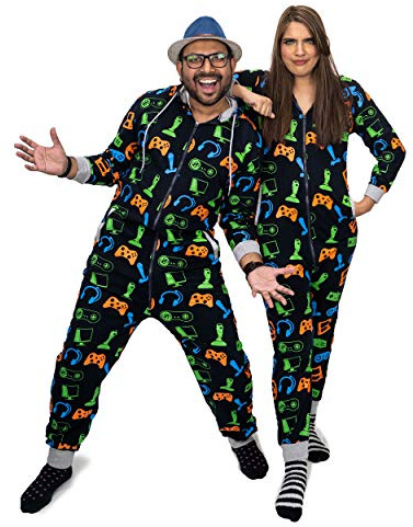 NOROZE Hommes Garçons Jeux Combinaison Grenouillère Unisexe Enfants Pyjamas Tout en Un Ensemble Familiale Jumpsuit Joueur Vêtements d'intérieur Cadeaux pour Femmes Filles (XL, Marine)