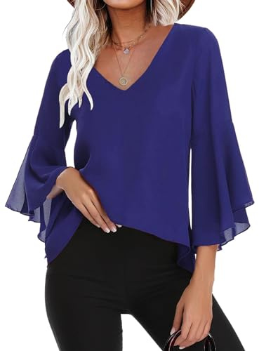 Gyabnw Blusas de Gasa para Mujer Elegante 3/4 Manga Cuello V Camisa Chiffon Acampanadas Ligero Tops para Primavera Verano Otoño