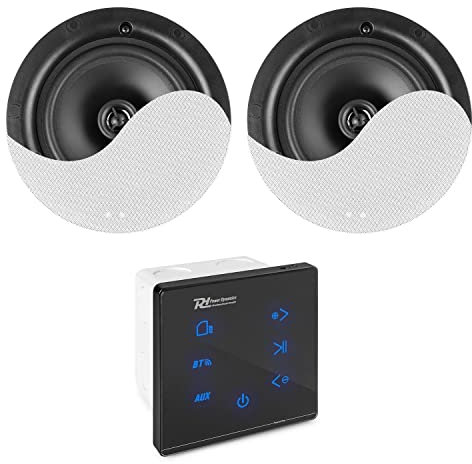 Power Dynamics Powerline A50BSET Kit Amplificateur 2X 20 Watts avec Enceintes de Plafond Blanches, Bluetooth, USB et Micro SD, Écran Tactile, Livré avec Télécommande