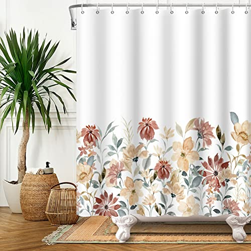 Bovlleetd 152x183cm Frühling Blume Duschvorhang, Rot Orange Floral Pflanzen Aquarell Blumen Bad Vorhang Frühling Ansicht Dusche Vorhänge Wasserdicht Badewanne Vorhang Waschbar