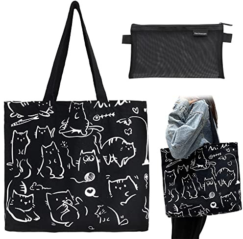 Borsa Tela per le Donne, Riutilizzabili Carino Grande Gatto Borsa di Tela Borse di Tela con Zip e Tasche Shopper Bag, con Sacchetto a maglia per il Lavoro Scolastico Spiaggia Viaggi Shopping (Nera)