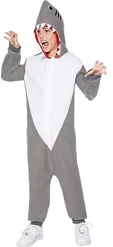 Funidelia | Costume da squalo onesie per bambina e bambino Animali, Pesce, Mare, Oceano - Costume per bambini e accessori per Feste, Carnevale e Halloween - Taglia 10-12 anni - Grigio/Argentato