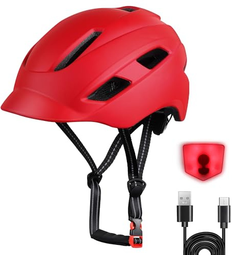 Bike Helmet, Adjustable Cycling Helmet with USB Rechargeable LED Light, Lightweight Bicycle Helmets for Adults, Breathable Mountain & Road Cycle Helmet for Men Women Fit Head Size 58-62cm