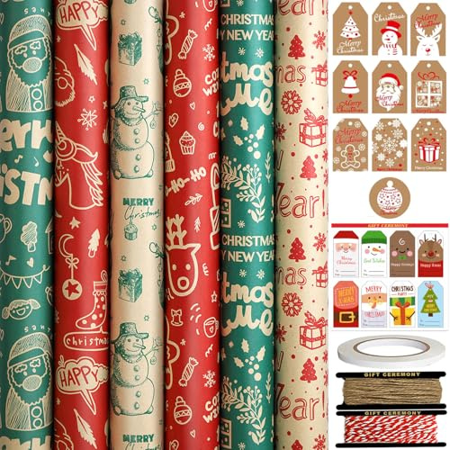 FullJoyHut 6 rullar med återvinningsbart kraftpapper - 76 cm x 3M för rulle, retro ren- och snöflingor presentpapper med etiketter, rep och band för julklapp
