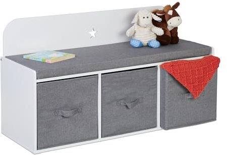 Relaxdays Kinderbank mit Stauraum, HBT: 54 x 99 x 35 cm, Kinderzimmer und Flur, Sitzbank gepolstert, Flurbank, weiß/grau