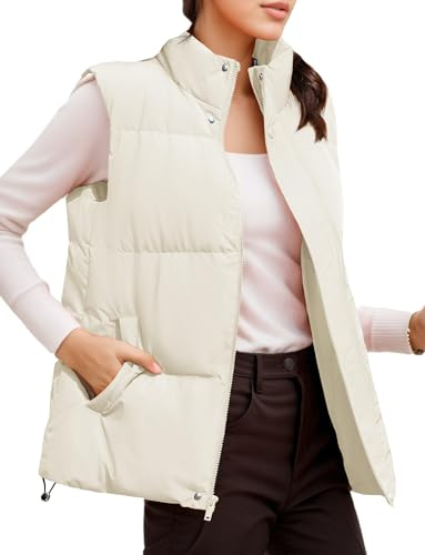 FEOYA Femme Gilet sans Manche Gilet Duvet Doudoune Zippé Adulte Veste Hiver Légère Matelassée Zippée avec Poches Blanc L
