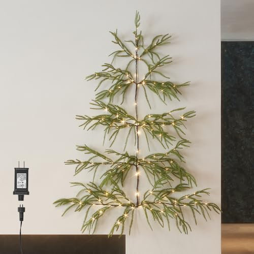 LITBLOOM Pre-Lit Wall Hanging Norfolk Pine Tree with Timer 4FT, Lighted Vine Garland with 140 Fairy Lights for Home Window Wall Christmas Decoration Indoor Outdoor