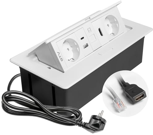 GTV – Einbausteckdose MULTISOFT weiß mit 2x Schuko, USB A+C, RJ45, HDMI 2.0, Abdeckung, versenkbar, 1,5 m Kabel, für Schreibtisch, Konferenztisch, Küche oder Homeoffice