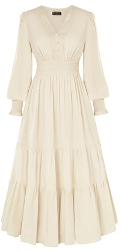 SCARLET DARKNESS Women Medieval A Line Dress Long Sleeve V Neck Retro Lace Trim Maxi Dresses Apricot M
