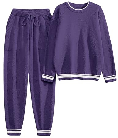 Yuson Girl Pijama Mujer Invierno Forro Polar 2 Piezas Manga Larga Pjs con Pantalones Conjunto Cálido y Suave Pijama con Bolsillos Ropa de Dormir y Lounge(Morado, XL)