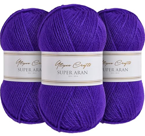 Utopia Crafts Super Aran Lot de 3 pelotes de fil à tricoter et crochet 100 g Violet bijou