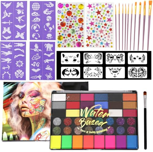 AYNKH Peinture Corporelle pour Le Visage, 42 Couleurs Palette Maquillage Enfant, 10 Brosses de Taille Différente, 2 Autocollants Strass Colorés pour Halloween, Noël, Carnaval