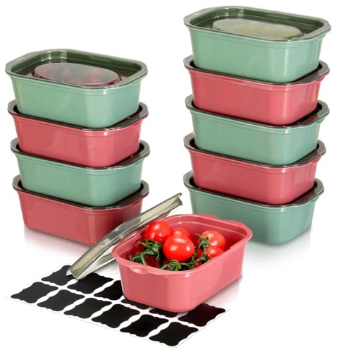 Romon Boites Alimentaires Hermétiques Anti-Fuite avec Couvercles, 10pcs Boite Rangement Plastique, Meal Prep Containers Hermétiques, Utilisables au Micro-ondes et Lave-Vaiselle, 500ml Vertes Rouges