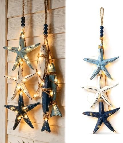 Decoración de pared colgante de madera con estrellas de mar y peces con LED cálido (A+luz)