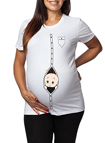 Tshirt Lunga da Donna Ideale per Il Premaman - Bimbo Che esce dalla Camicia - Maglietta Premaman Divertente - Regalo Futura Mamma - Idea Regalo per Futura Mamma