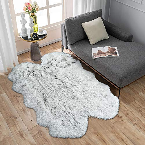 Carvapet 3x5 Faux Sheepskin Area Rug – Soft Fluffy White with Black Tips 3 x 5 Plush Fur Carpet, Shaggy Floor Mat for Bedroom, Living Room, Sofa or Bedside Decor