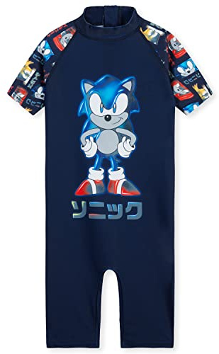 SONIC THE HEDGEHOG Bañador Niño, Traje de Baño Cuerpo Entero Manga Corta Con Cremallera, Ideal Para Playa, Piscina y Vacaciones (Azul Oscuro AOP, 4-5 Años)