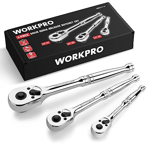 WORKPRO 3-Piece Ratchet Set, Quick Release Reversible, 72-Tooth, 1/4, 3/8, 1/2 Drive Ratchet Wrench, 5 Degree Swing, Chrome Alloy Made, Full Polished, EVA Storage