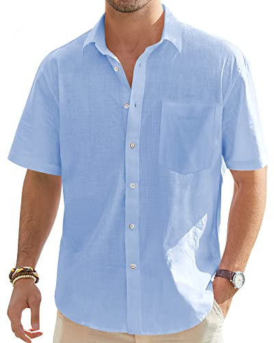 J.VER Herren Hemd Kurzarm Leinenhemd Sommer Einfarbig Freizeithemd Bügelfrei Hemden Button Down Leinen Shirt,Hellblau,XXL
