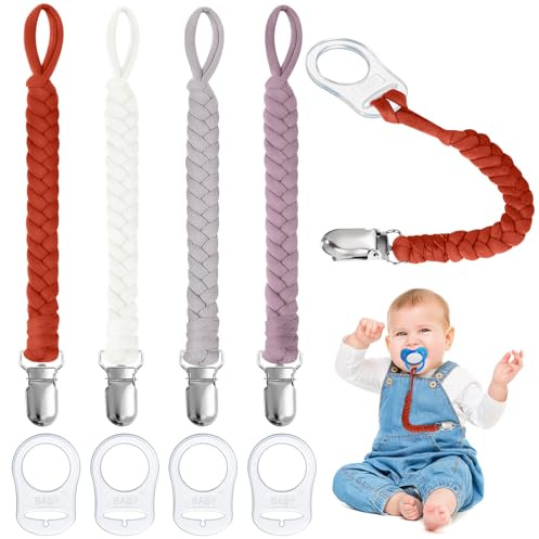 Aolso Attache Sucette, Lot de 4 Attaches-tétines avec Sangles en Coton et 4 Adaptateurs pour Sucettes, Adaptateur de Clip de Support de Sucette, adaptateur d'anneau en Silicone