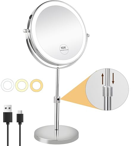 JANEEVA 10X Lighted Makeup Mirror with 3 Lighting Modes, 8 Dimmable Lights Height Adjustable Vanity Mirror with Lights, Rechargeable Double Sided 1X 10X Magnifying Mirror, 360°Rotation,Chrome