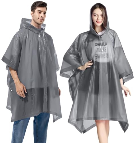 Gerhannery Reutilizable Chubasqueros Impermeable, 2 Piezas Poncho de Lluvia Portátil Poncho Impermeable, Capa de Lluvia para Hombre Mujer con Capucha, Impermeable Poncho para Festival Concierto, Gris
