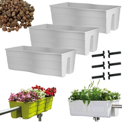 DIKEL 3X Bac à Balustrade - Pot de Fleurs pour intérieur et extérieur - Pot de Fleurs - Pot décoratif - Wave 60 + Argile expansée 5l - 290x585x200mm - Blanc