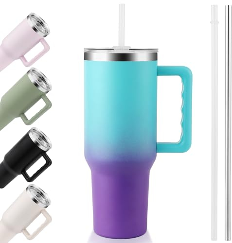 PRAOAHEI 40oz/1180 ML Thermobecher mit Strohhalm und Henkel Kaffeebecher to Go, Auslaufsicher Trinkbecher mit Deckel, Doppelwandiger Edelstahl Kalte Heiße Vakuum Becher Thermo Blau Lila
